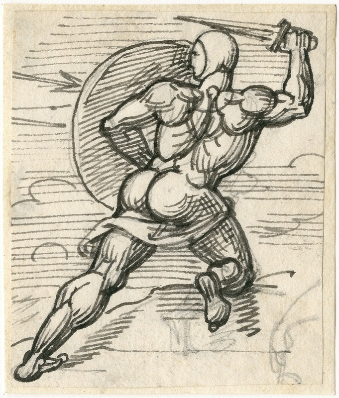 Halfgeknielde krijger in gevecht, rugfiguur — David Humbert de Superville