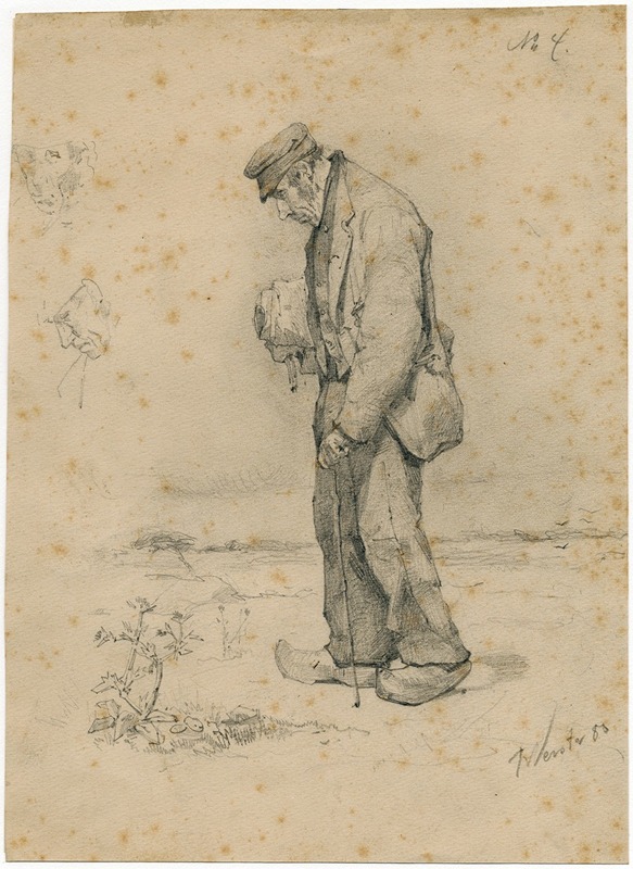 Old bent man with walking stick and bundle under his arm by Флорис Верстер, 1883 — digital art print download