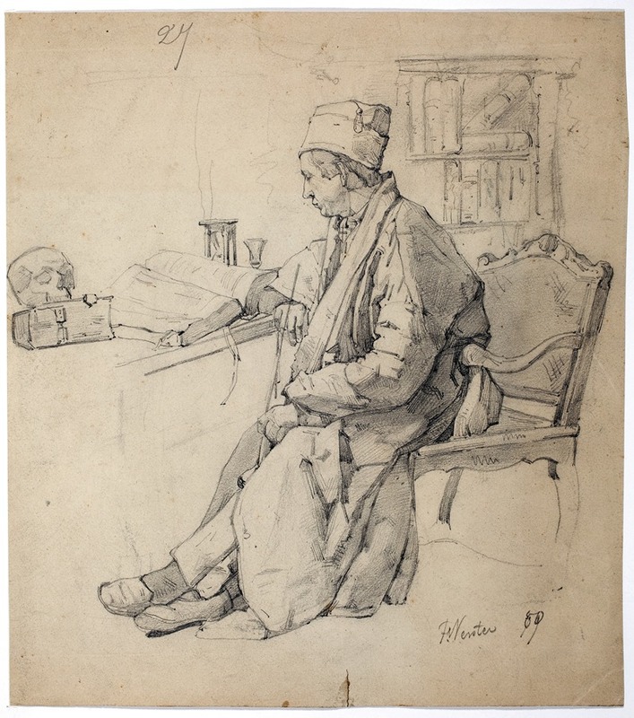 Reading scholar with pipe: skull and hourglass on a table — Floris Verster