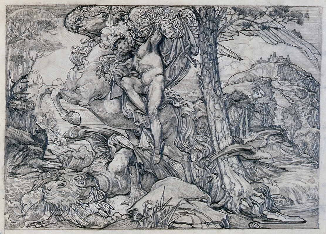 Perseus, riding Pegasus, killing the dragon by Иоганнес Иосифус Аартс — digital art print download
