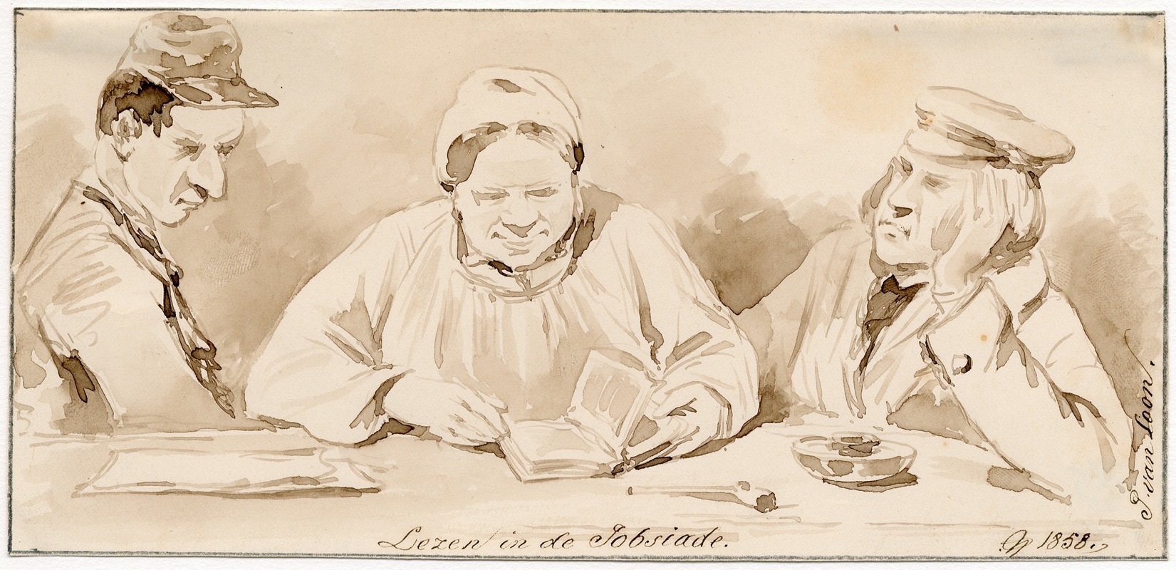 Drie lezende figuren in het armenhuis — Pieter van Loon