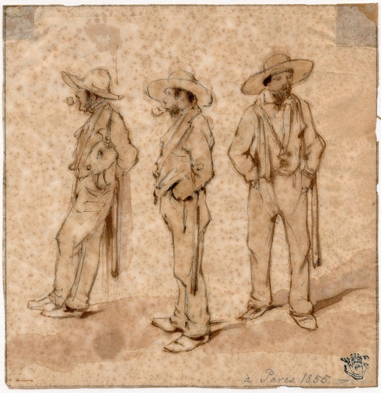 Drie staande mannen met hoed en knuppel — Pieter van Loon
