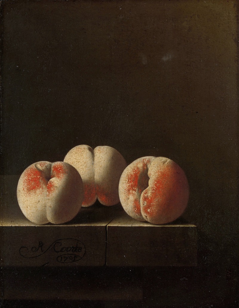 Three Peaches on a Stone Plinth by Adriaen Coorte, 1705 — digital art print download