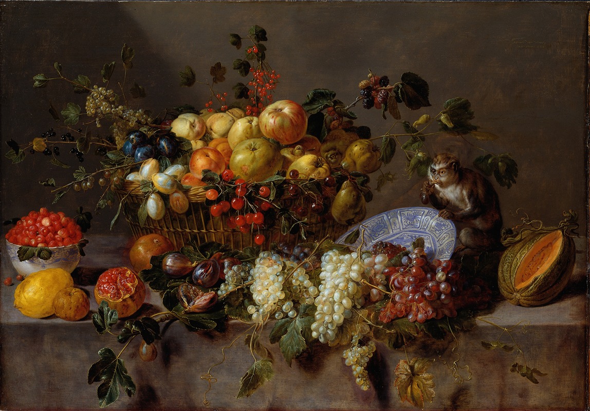 Still Life with Fruit and a Monkey eating Grapes — Адриан ван Утрехт
