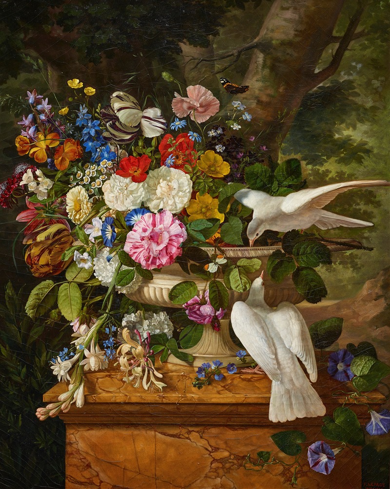 Flowers in a Vase with Two Doves — Франсуа Лепаж