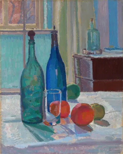 Blue and Green Bottles and Oranges by Спенсер Фредерик Гор — digital art print download