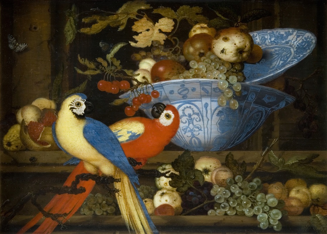 Fruit Still Life With Two Parrots by Balthasar van der Ast, 1623 — digital art print download