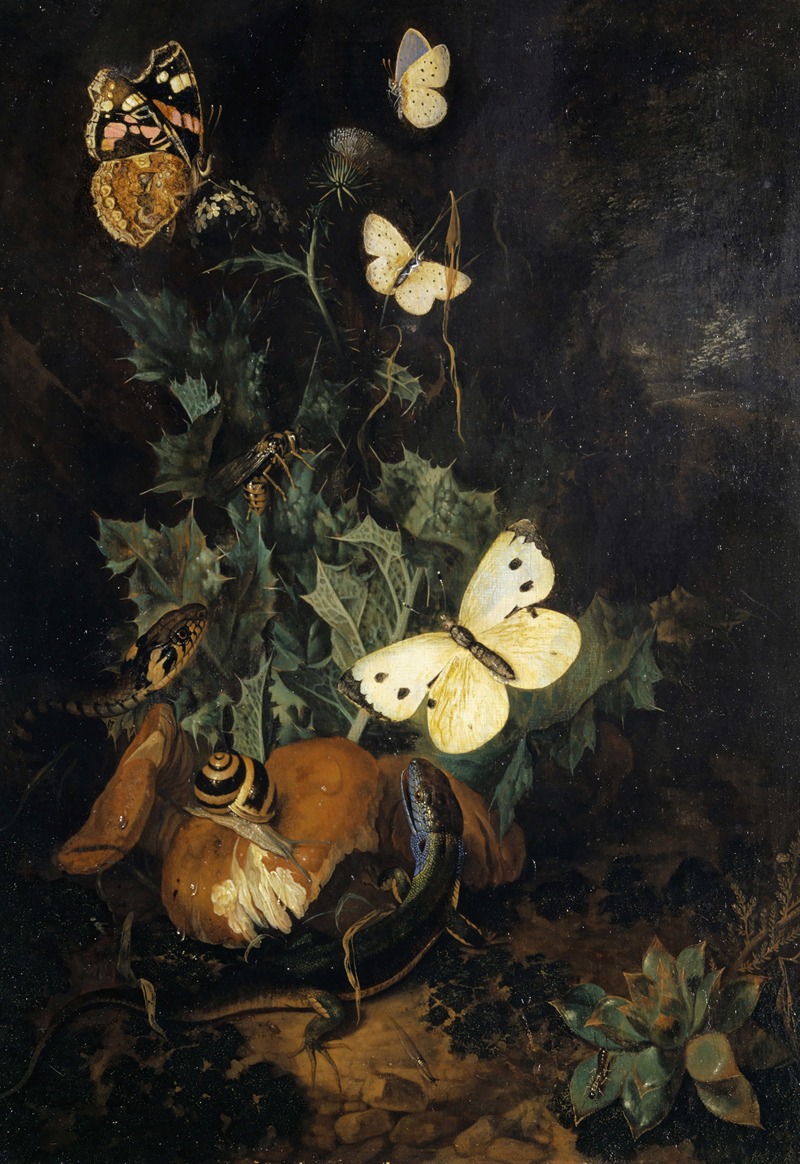 Still Life With Butterflies, Lizard And Snake — Carl Wilhelm De Hamilton