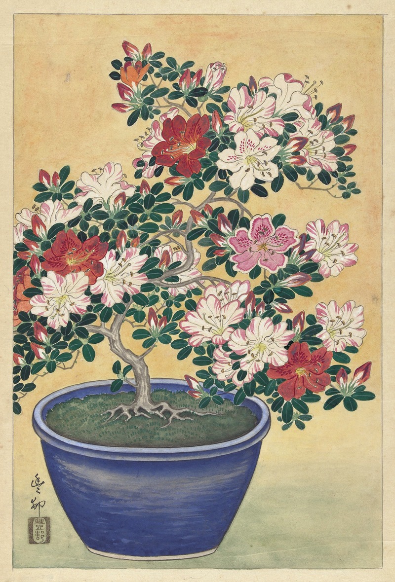 Flowering Azalea In Blue Pot by Охара Косон — digital art print download