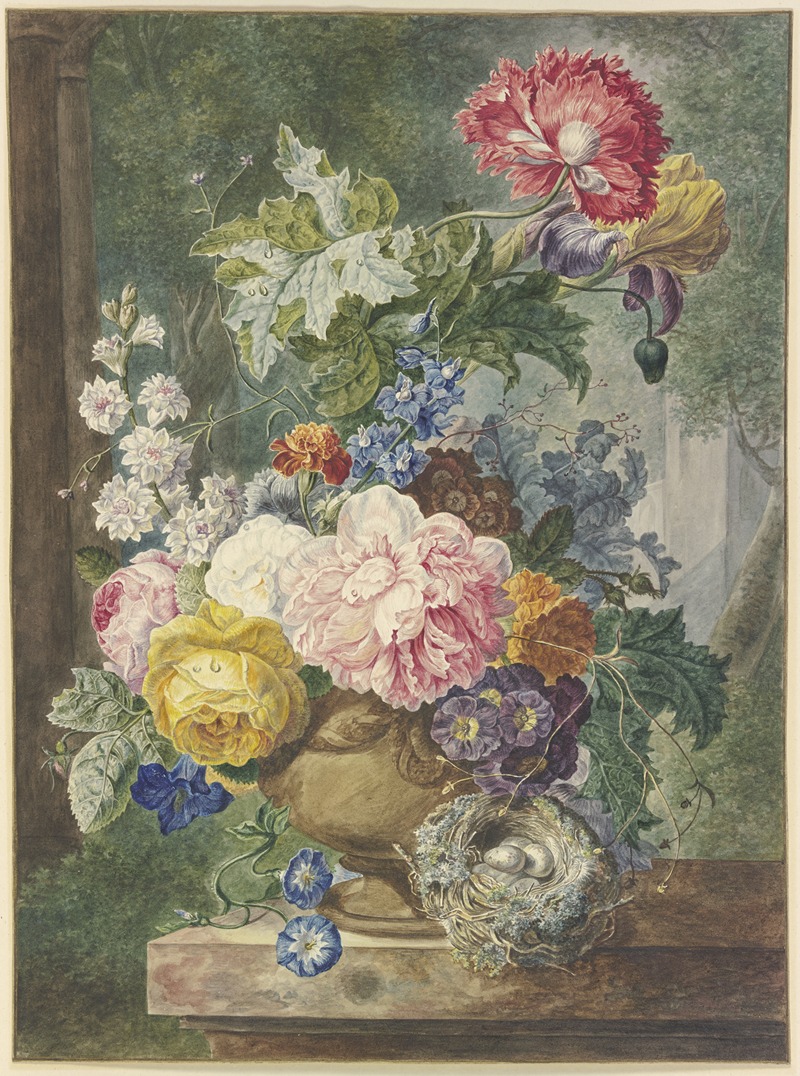 Blumenstrauß In Einer Vase, Dabei Ein Vogelnest by Георгиус Якобус Иоганнес ван Ос — digital art print download