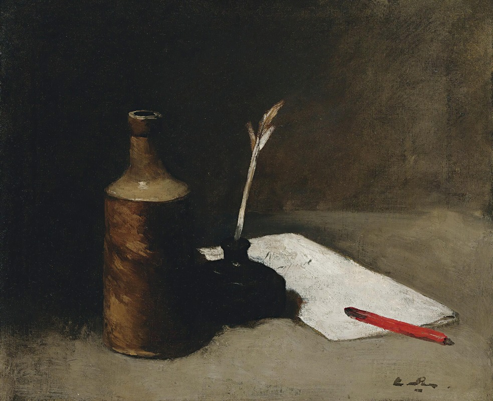 Still Life With Bottle, Inkpot And Letter — Germain-Théodore Ribot