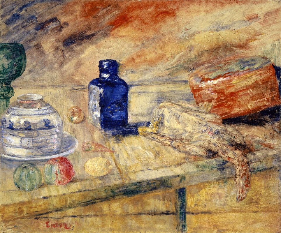 Blue Bottles And Chicken by Джеймс Энсор — digital art print download