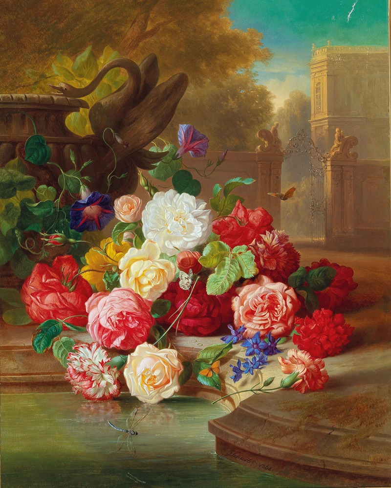 Blumenstück Mit Schmetterling In Einer Parklandschaft — Josef Schuster