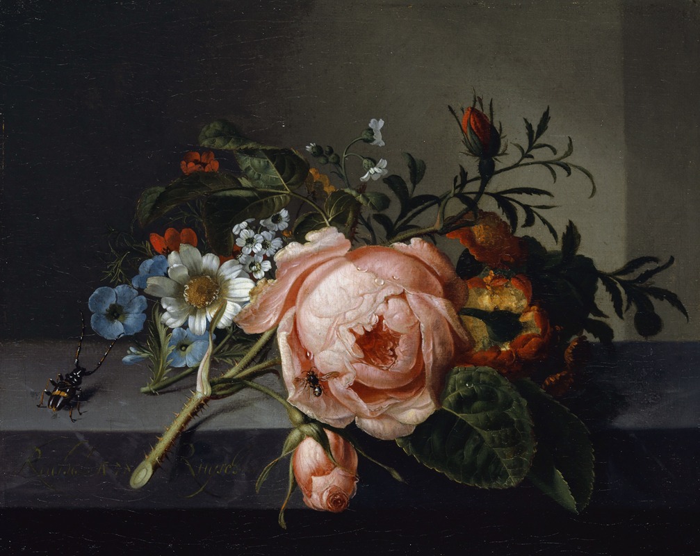Still Life With Rose Branch, Beetle And Bee — Rachel Ruysch