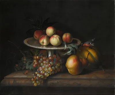 Peaches On A Silver Tazza With Grapes, A Pear, A Melon And A Bird On A Marble Ledge by Tobias Stranover — digital art print…