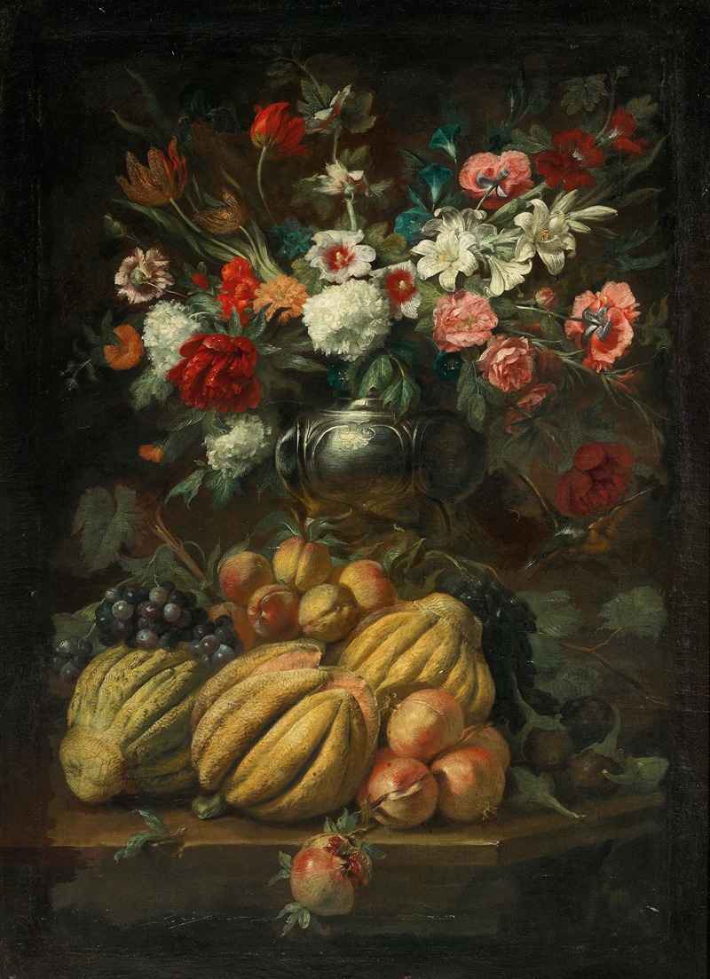 Flowers in a vase and fruit on a table — Abraham Brueghel