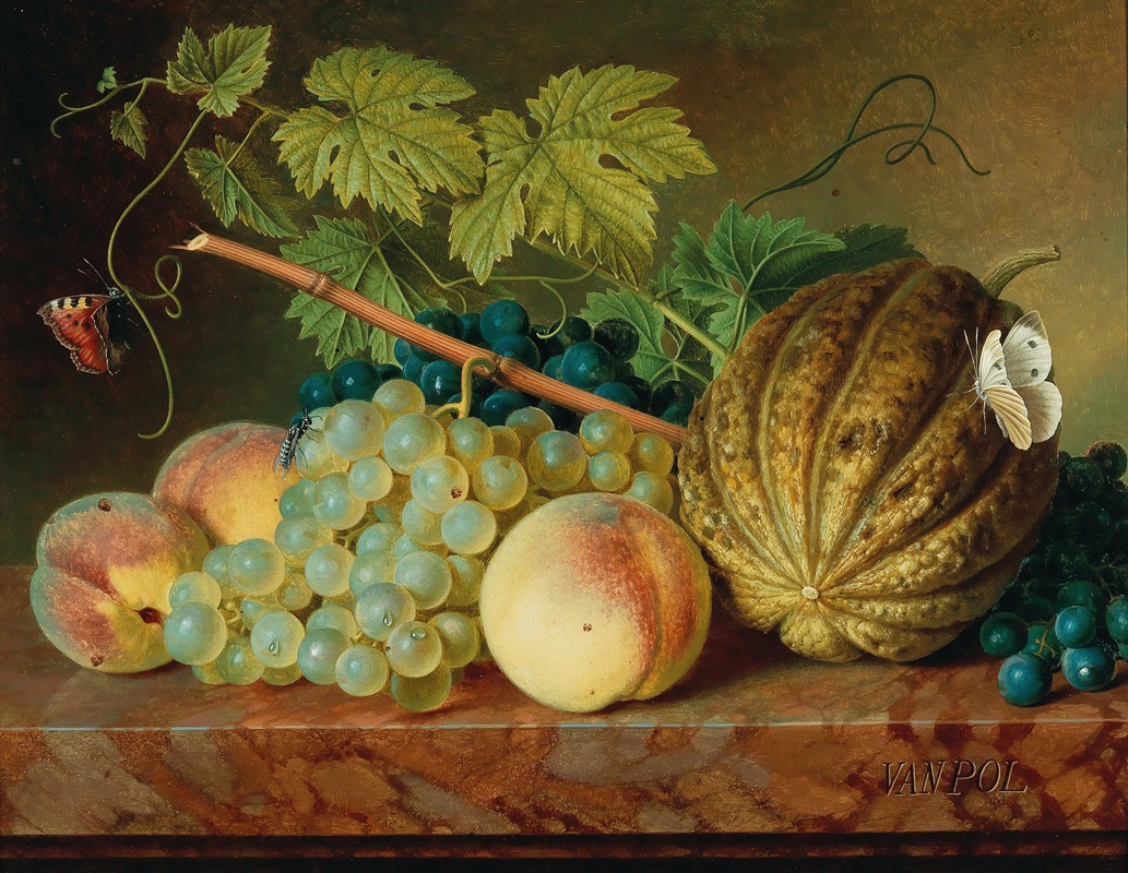 Fruit still life with a wasp and butterflies — Christiaen van Pol