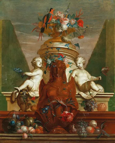 An elaborate fountain with fruit, flowers and a parrot by Coenraet Roepel — digital art print download