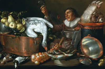 A kitchen interior with a drinker, copper and tin vessels, game and fruit by Корнелис Якобсз. Дельф — digital art print…