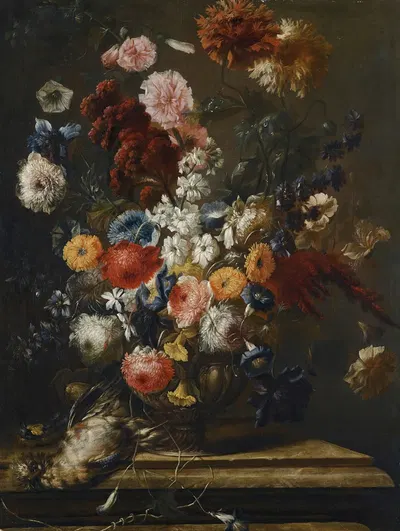A Still Life Of Flowers In An Urn On A Marble Ledge With A Bird by Franz Werner von Tamm — digital art print download