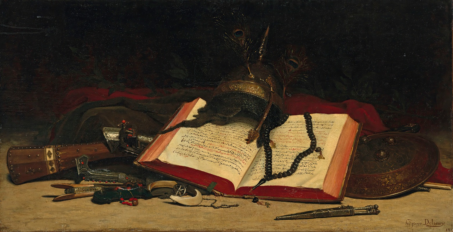Orientalist still life with a Koran by Hippolyte Pierre Delanoy, 1880 — digital art print download