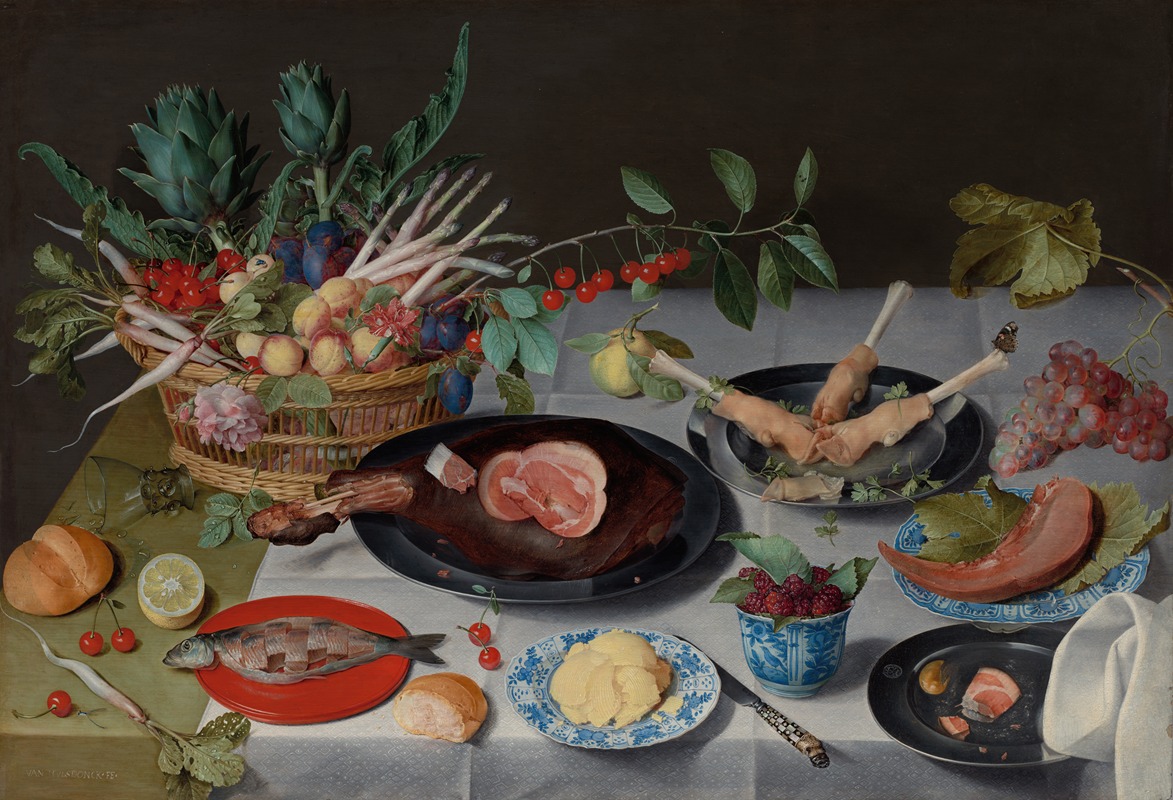 Still Life with Meat, Fish, Vegetables, and Fruit — Jacob van Hulsdonck