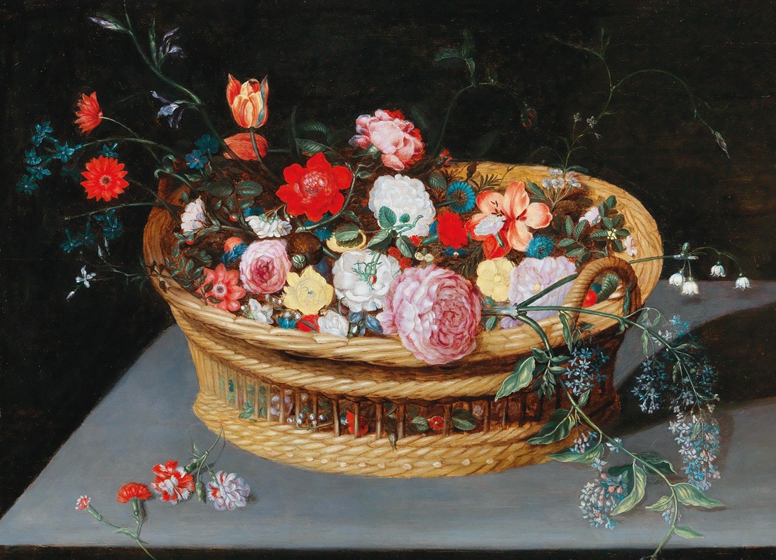 A basket with spring flowers on a stone table by Ян Брейгель младший — digital art print download