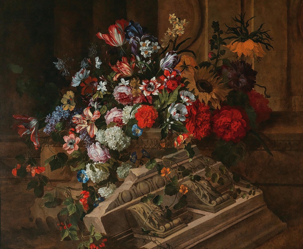 Flowers near a classical cornice on a terrace — Jean-Baptiste Monnoyer