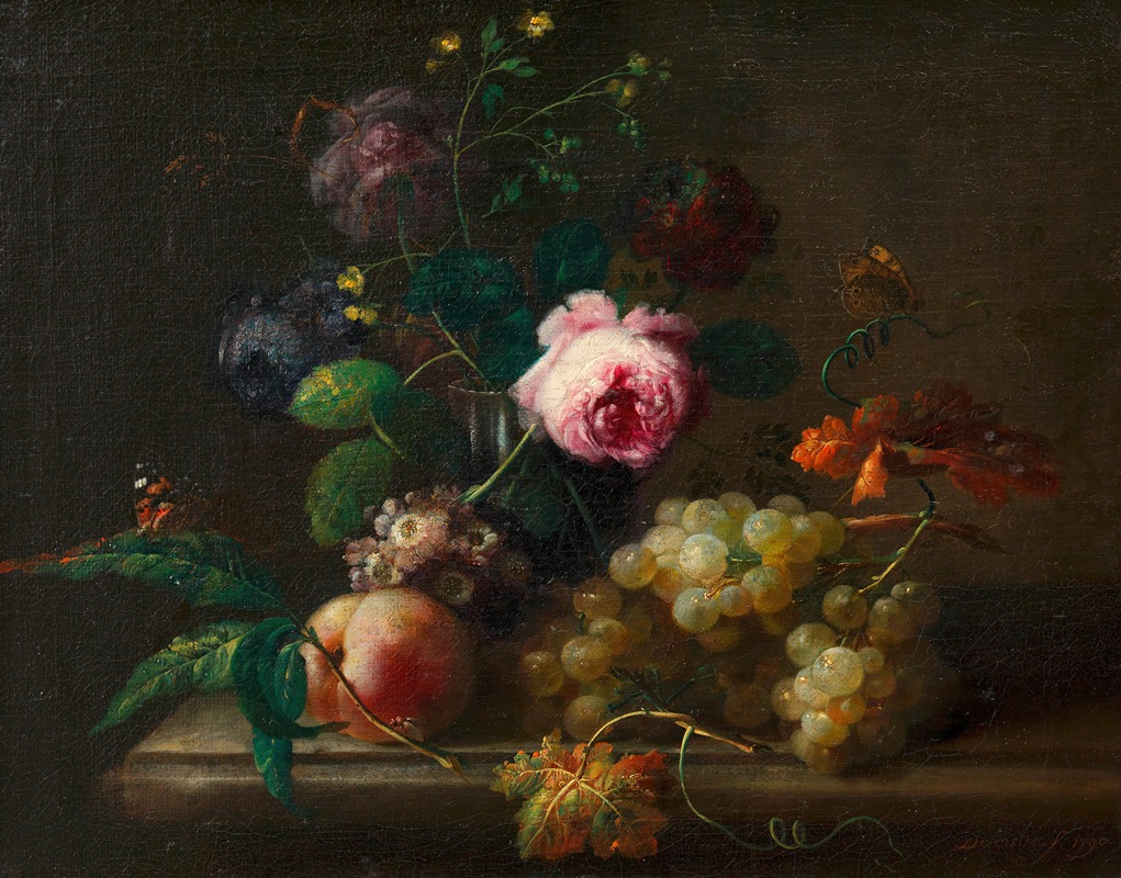 Blumenstillleben mit Früchten by Иоганн Баптист Дрекслер, 1790 — digital art print download