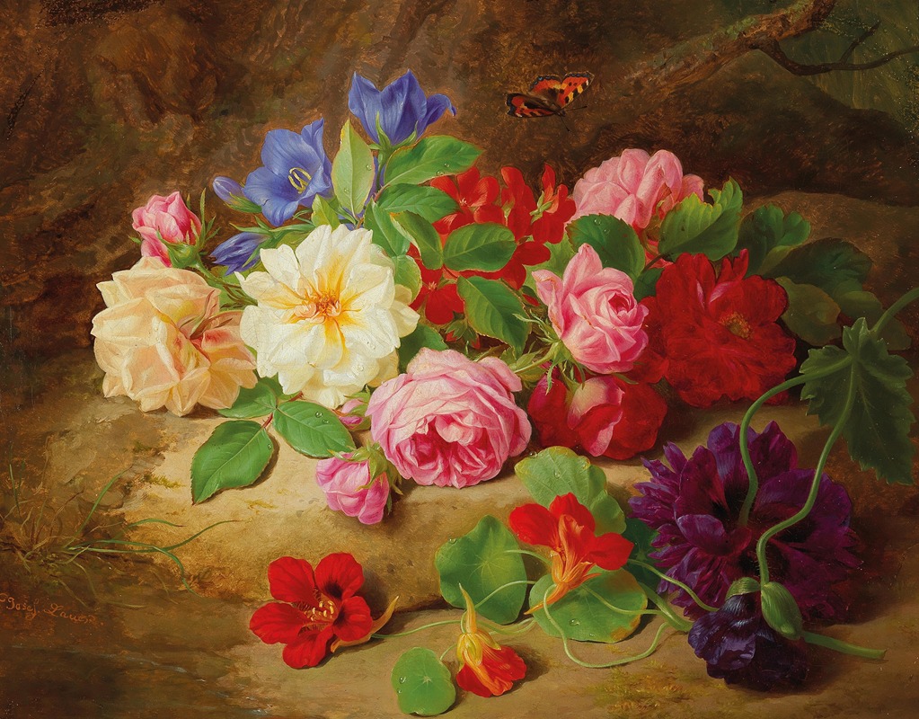 A Forest Floor with Roses and a Butterfly — Josef Lauer