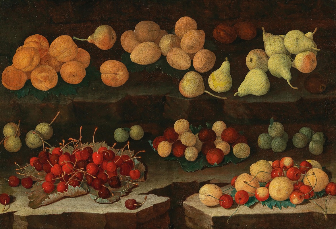 Apricots, pears, cherries and plums, on a ledge by Ломбардская школа — digital art print download