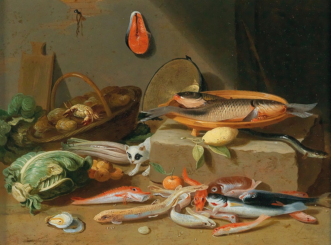 A kitchen still life with fish, vegetables and a cat — Pseudo Jan van Kessel II
