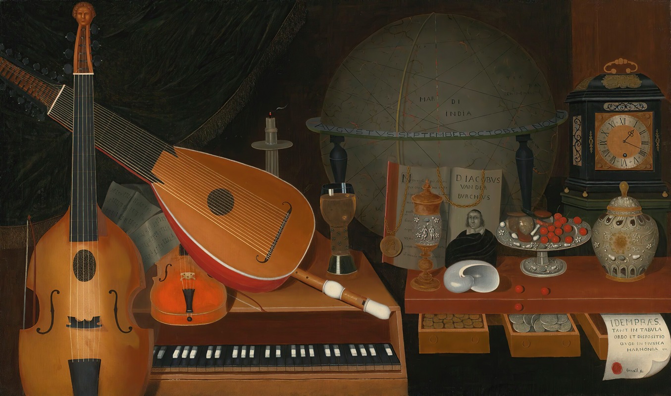 Vanitas Still Life With Musical Instruments, A Globe And Other Objects by R. Arnold — digital art print download