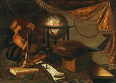 Musical instruments, a globe, book and music sheets on a table by School of Bergamo — digital art print download