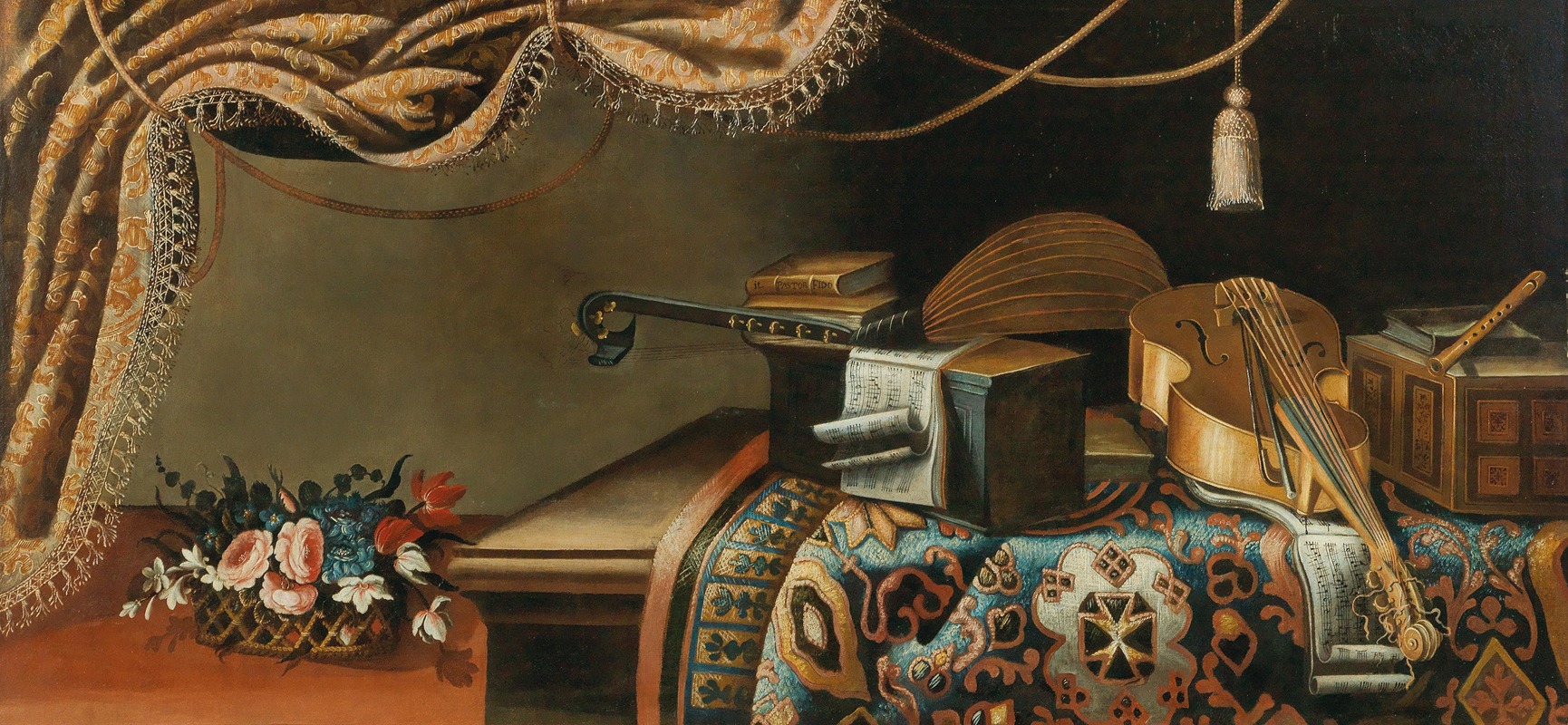 Still life with musical instruments and books — School of Bergamo