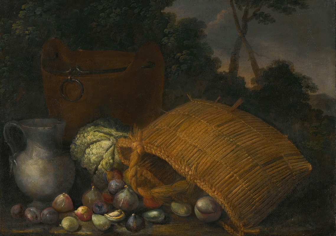 An overturned basket with fruit and vegetables by Candido Vitali — digital art print download