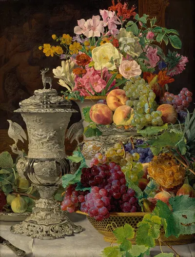 Still Life with Fruit, Flowers and a Silver Cup by Ferdinand Georg Waldmüller, 1839 — digital art print download
