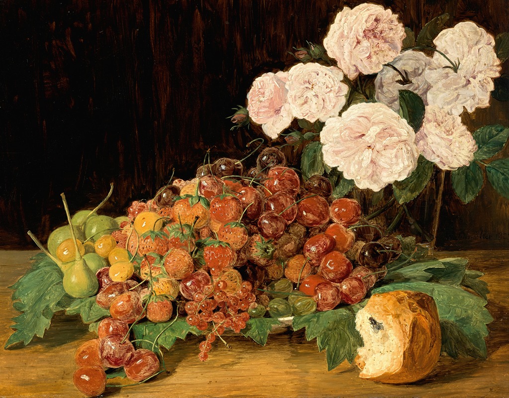 Stillleben mit Rosen, Erdbeeren und Brot — Ferdinand Georg Waldmüller