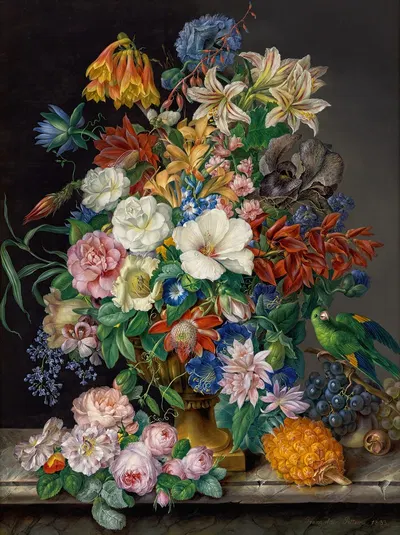 Blumenstück mit Ananas, Weintrauben und Papagei by Франц Ксавер Петтер, 1833 — digital art print download