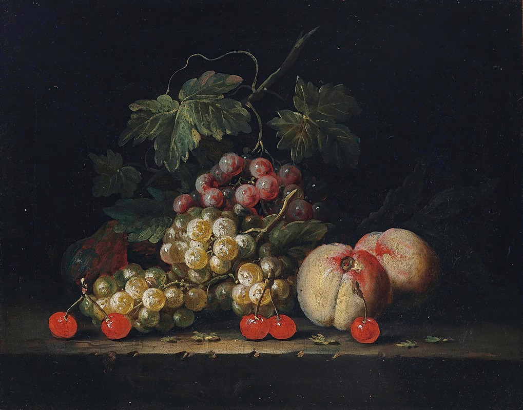 Grapes, peaches and cherries on a stone ledge — George William Sartorius