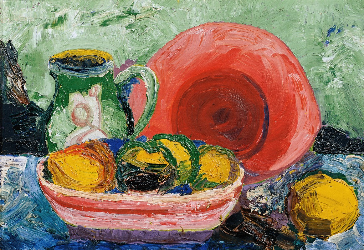 Stillleben mit rotem Teller, Krug und Zitrone — Hedwig Wagner