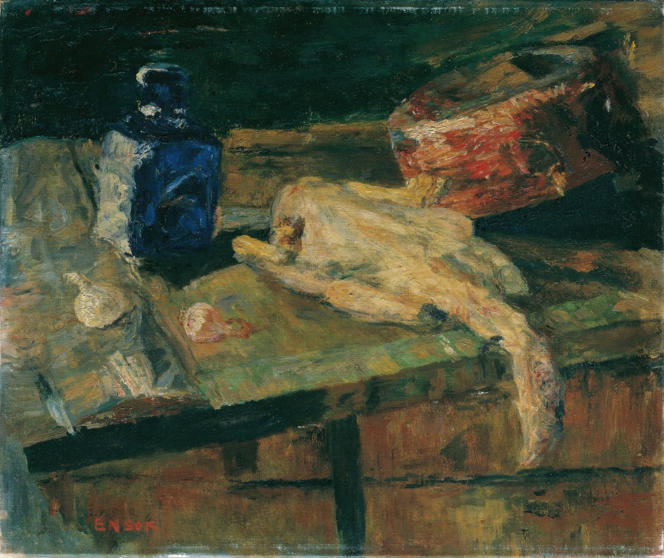 Stillleben mit blauer Flasche und gerupftem Huhn — James Ensor