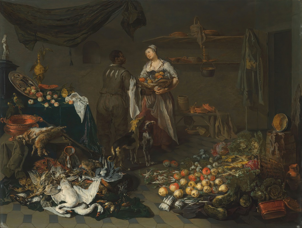A kitchen interior with a maid and a servant conversing by Ян Ван Кессель Старший, 1650 — digital art print download