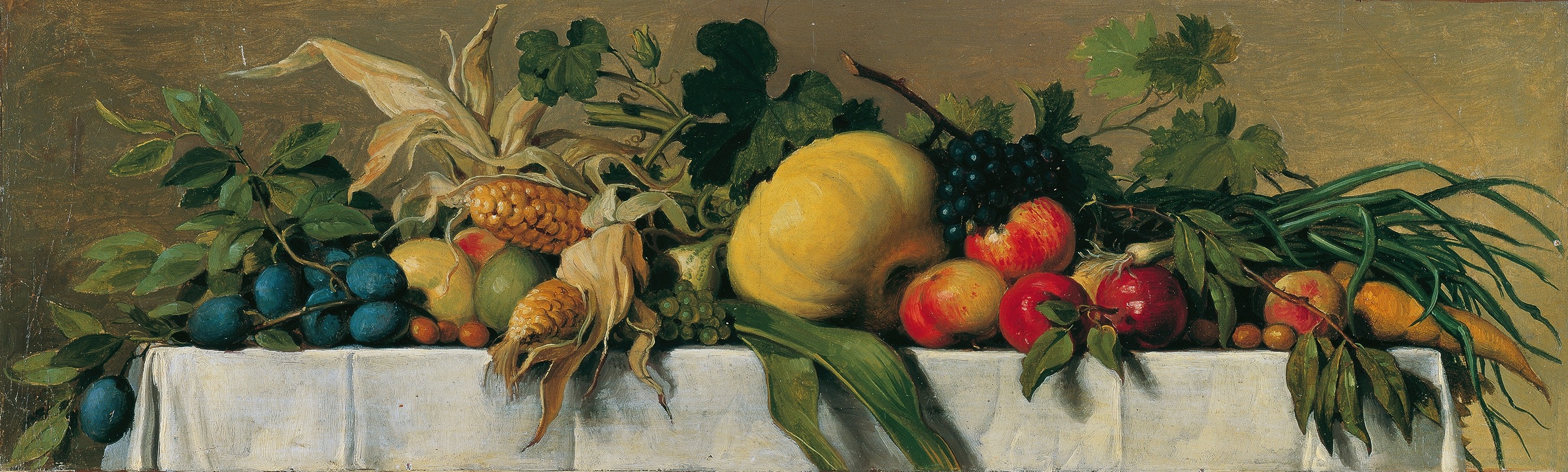 Stillleben mit Obst und Gemüse auf weißem Tischtuch — Johann Peter Krafft