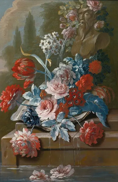 Bouquets of flowers on a ledge above water by Мэри Мозер — digital art print download