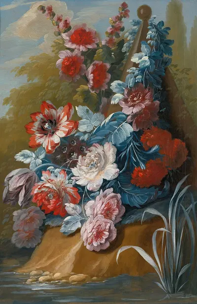Bouquets of flowers on a ledge above water by Мэри Мозер — digital art print download