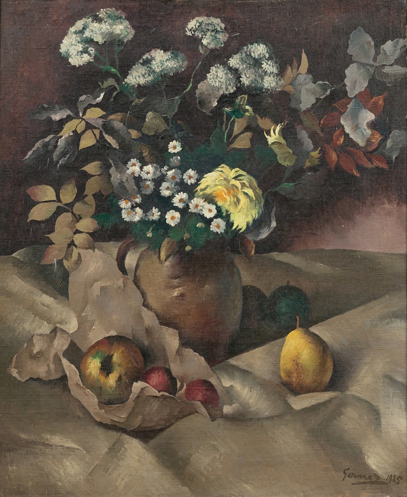 Still life with flowers, pears and apples — Paul-Elie Gernez