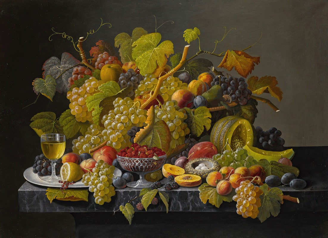 Still life with grapes and wine by Severin Roesen — digital art print download