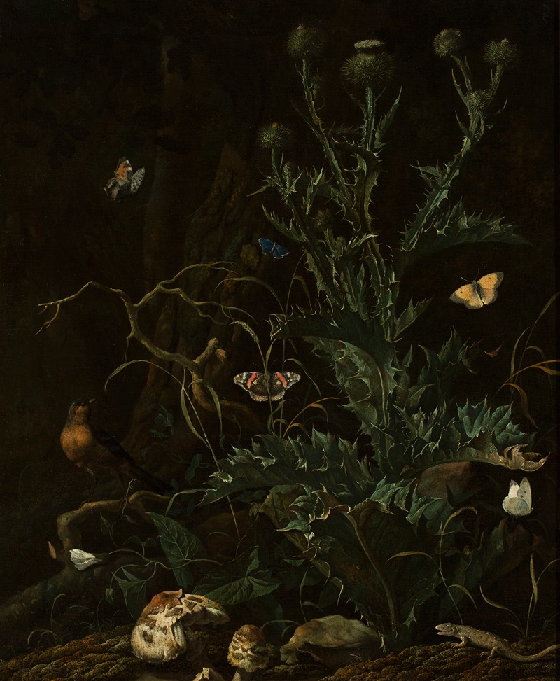 Thistles, butterflies and a lizard by Абрахам Янсз. Бегеин — digital art print download