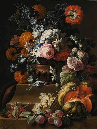 Still Life With Hollyhock, Carnations, And Various Flowers In A Vase On A Plinth With A Melon, Cherries, Grapes And Plums…